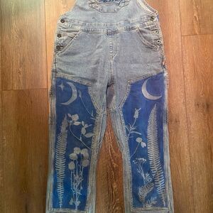 Denim Workwear Overalls with Moon and Botanical Cyanotype prints